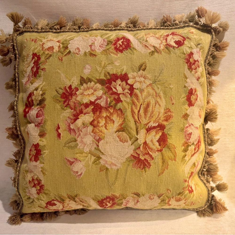 Vintage Aubusson Needlepoint Pillow approx 22x22. Beautiful condition.